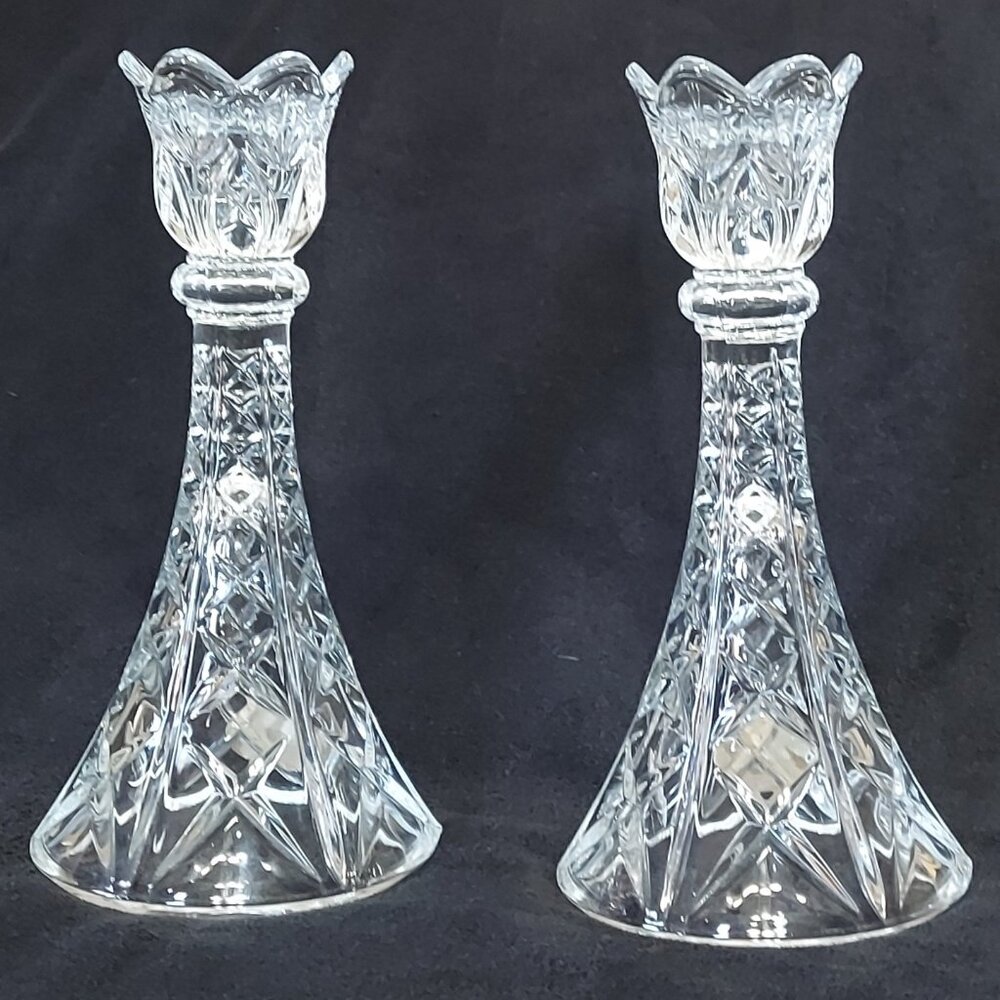 Pair DePlomb Lead Crystal Candle Holders 8” Cut Glass Made in USA Elegant VTG